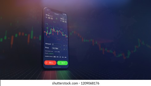 Futuristic Stock Exchange Scene With Mobile Phone, Chart, Numbers And BUY And SELL Options (3D Illustration)