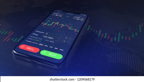 Futuristic Stock Exchange Scene With Mobile Phone, Chart, Numbers And BUY And SELL Options (3D Illustration)