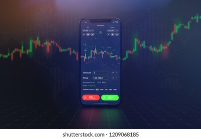 Futuristic Stock Exchange Scene With Mobile Phone, Chart, Numbers And BUY And SELL Options (3D Illustration)