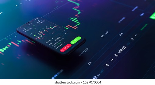 Futuristic stock exchange scene with mobile phone, chart, numbers and SELL and BUY options (3D illustration)
