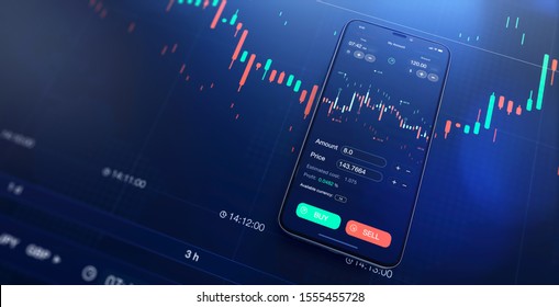 Futuristic Stock Exchange Scene With Mobile Phone, Chart, Numbers And SELL And BUY Options (3D Illustration)