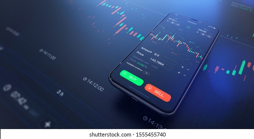 Futuristic Stock Exchange Scene With Mobile Phone, Chart, Numbers And SELL And BUY Options (3D Illustration)