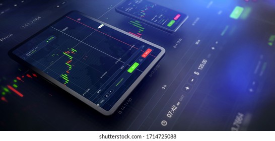 Futuristic Stock Exchange Scene With Tablet And Mobile Phone UI, Chart, Numbers And SELL And BUY Options (3D Illustration)