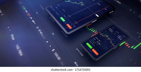 Futuristic Stock Exchange Scene With Tablet And Mobile Phone UI, Chart, Numbers And SELL And BUY Options (3D Illustration)