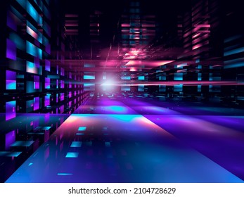 Futuristic Street Or Datacenter - Abstract 3d Illustration. Fractal - Digital Art. Composition Of Glass Blocks With Perspective And Light Effects. Information Technology Or Sci Fi Concept.