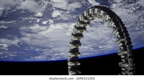 A futuristic structure orbits Earth, showcasing intricate design and engineering. The view emphasizes the beauty of Earth below, set against the vastness of space.