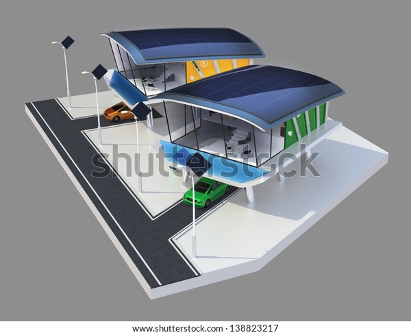 Futuristic style design\
houses side by\
side