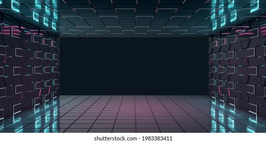 Futuristic style empty hall room with luminescent lights in glowing wall and front black wall with copyspace for your logo. 3D rendering, mock up - Powered by Shutterstock