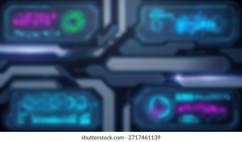 Futuristic Tech Interface Digital Displays with Blue  Purple Neon Graphics.