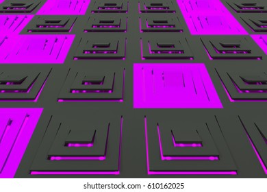 Futuristic technological background made from black and violet extruded rectangular shapes with glowing lines. Abstract background. Pattern of glowing rectangular lines. 3D rendering illustration.