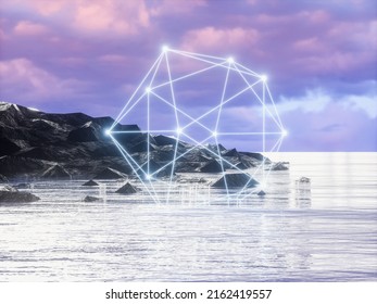 Futuristic Technology 3d Landscape Background With Geometric Wireframe Neon Light. Digital Terrain Cyberspace In The Mountains.