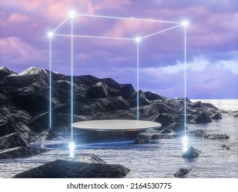 Futuristic Technology 3d Landscape Background With Geometric Wireframe Neon Light. Digital Terrain Cyberspace In The Mountains.