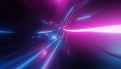 Futuristic Technology Abstract Background With Lines For Network, Big Data, Data Center, Server, Internet, Speed. Abstract Neon Lights Into Digital Technology Tunnel. 3D Render