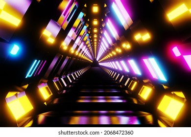 Futuristic technology abstract VJ background. Sci-fi tunnel red and blue neon loop. 3D rendering. 3D illustration.