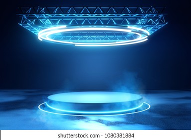 A futuristic technology blank platform with blue glowing neon round lighting. Science fiction 3D illustration.