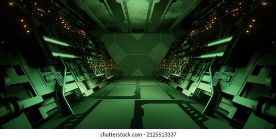 Futuristic Technology Corridor Hangar Basement Underground Hallway Phantom Light Colors Abstract Background Surreal Future
