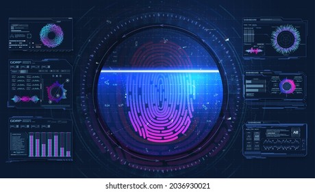 Futuristic Technology UI Screen. HUD, FUI, GUI. Fingerprint Scanning. Digital Authentication, Checked Identity Verification Thumbprint, Biometric Reader Technology. Recognition Indicators.  