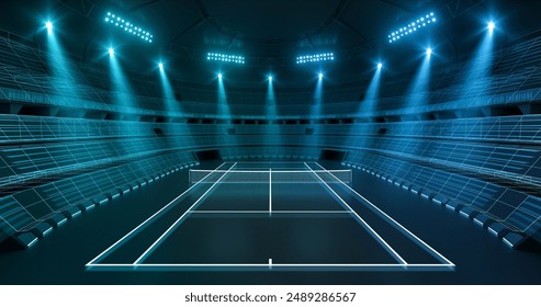 Futuristic tennis arena at night with shining spotlights and thrilling atmosphere before sport event. Tennis court illustration as sport background for advertising. - Powered by Shutterstock