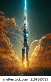 futuristic tower on alien planetary system, 3d rendering and digital painting, concept illustration