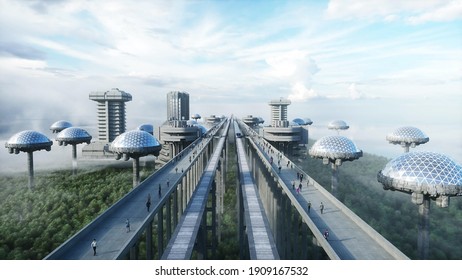 Futuristic Train Station With Monorail And Train. Traffic Of People, Crowd. Concrete Architecture. Future Concept. 3d Rendering.