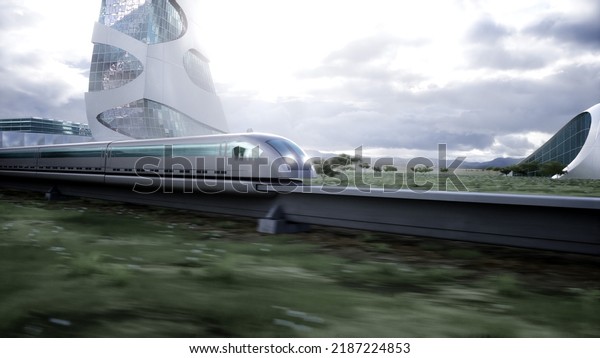 Futuristic train very fast driving.\
Futuristic city concept. 3d rendering. 3D\
Illustration