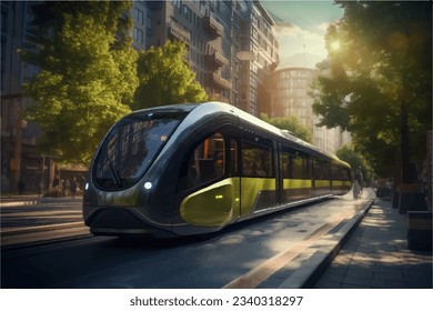 A futuristic tram arrives at the station