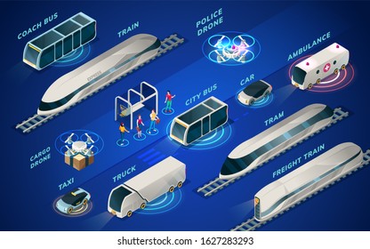 Futuristic Transport Or Set Of Isolated Isometric Icons Of Smart City Vehicle. Future Electric Transportation. Police And Cargo Drone, Hyperloop Train And Tram, Car Or Auto, Bus And Taxi, Truck, Coach