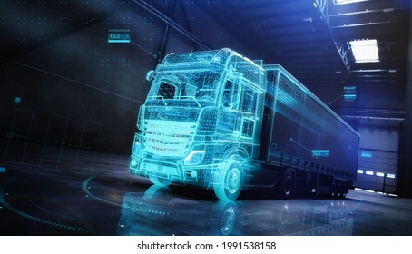 Futuristic Truck With Trailer Scene With  Wireframe Intersection (3D Illustration)