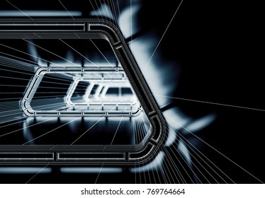 Futuristic tunnel with light and line interior hallway view. Spaceship corridor. Future background, business, sci-fi or science concept 3d illustration