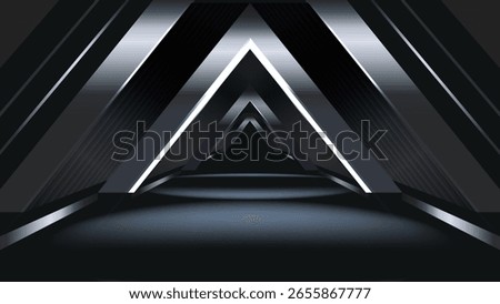 Futuristic Tunnel with Neon Triangular Arches. Sci-Fi Corridor with Reflective Metallic Geometry. Luxury Elegant Super Car Automobile Urban Design Background. Premium Black Silver Metallic Background.