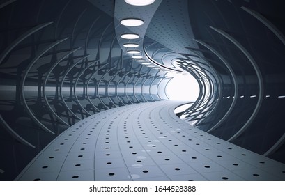 Futuristic tunnel with white light in the end. Long corridor. 3D rendering image