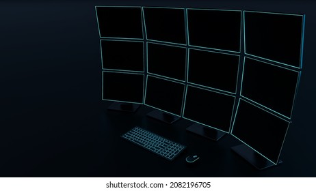 Futuristic Twelve Monitors With Keyboard And Mouse. 3D Render Of Multiple Screens For Mockup With Room For Text.