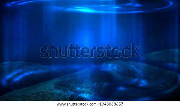 未来的な水中の風景 ネオン青 濃い緑の水 海の深さ 海の底 水を通る太陽の光 水中の世界 暗い海の背景 3d のイラスト素材