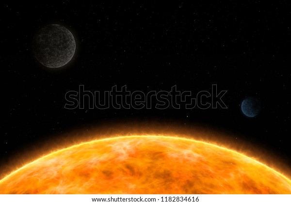 Futuristic Universe with Sun, planets and stars\
illustration. View from\
space.