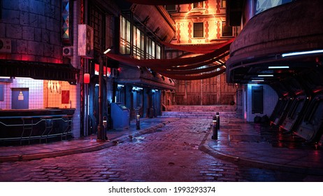 Futuristic urban city street at night with fast food bar and neon lights reflected on the wet road. Photo realistic 3D render.