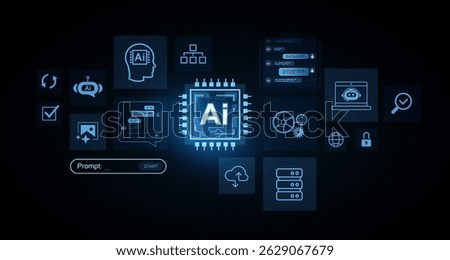 Futuristic user interface with AI chip symbol, chatbot, cloud, server, and security icons in glowing blue style on dark background, concept of automation. 3D Rendering