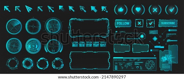 Futuristic
User Interface HUD for UI, UX, Web. Abstract circle Sci-fi gadgets,
callouts titles, frame, button, bar labels, info call box bars in
HUD and GUI style. Virtual interface
template