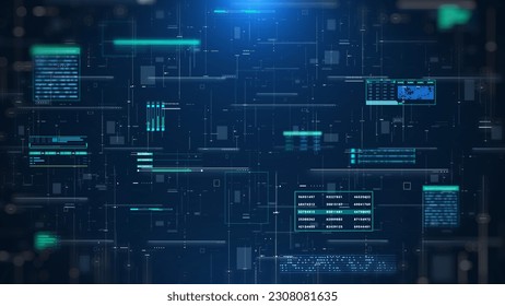 Futuristic user interface infographic with digital hologram information display. HUD system technology. Aerial landscape view illustration background.