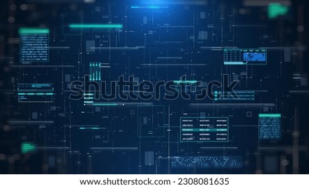 Futuristic user interface infographic with digital hologram information display. HUD system technology. Aerial landscape view illustration background.