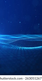 Futuristic vertical tech background featuring a glowing digital wave particle grid in deep blue, Digital data, and innovation abstract background 3D Rendering