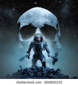 Futuristic viking skull moon - 3D illustration of science fiction robot knight with horned helmet holding sword and axe