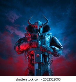 Futuristic Viking Warrior - 3D Illustration Of Science Fiction Barbarian Robot Knight With Horned Helmet And Battle Sword Against Dark Ominous Sky