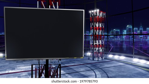 Futuristic Virtual Show, Stage Background With A Monitor, Ideal For Tv Game Shows Or Events. A 3D Illustration, Suitable On VR Tracking System Sets, With Green Screen