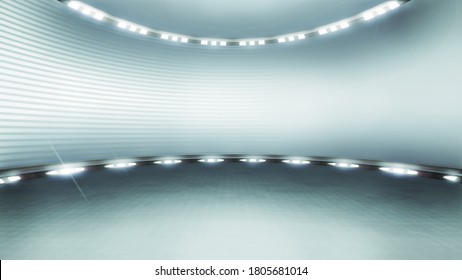 Futuristic Virtual Studio Backdrop, With Spotlights. Ideal For Virtual Tracking System Sets, With Green Screen. (3D Rendering)