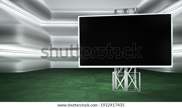 Futuristic virtual studio\
background with a monitor ideal for tv shows, e-commerce or events.\
A realistic 3D render, Ideal for VR tracking system sets, with\
green screen