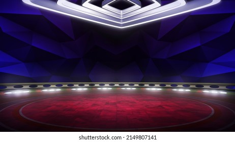 Futuristic virtual studio, TV show background. 6k, 3D rendering ideal for online events or broadcasts. CG backdrop suitable on VR tracking system stage sets, with green screen