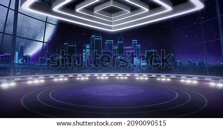 Futuristic, virtual TV show background, ideal for fantasy concept tv shows, or technology launch events. 3D rendering backdrop suitable on VR tracking system stage sets, with green screen 商業照片 © 