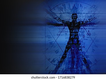 Futuristic Vitruvian man silhouette on dark blue background.
Illustration of vitruvian man with destroyed binary codes symbolized digital age.