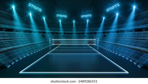 Futuristic volleyball arena at night with shining spotlights and thrilling atmosphere before sport event. Volleyball court illustration as sport background for advertising. - Powered by Shutterstock