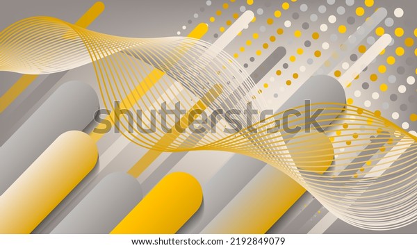 Futuristic wallpaper mural in yellow and grey tones. Intertwining smooth thin lines, diagonal stripes against the background of a group of circles and mixing colors.